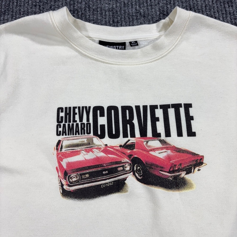 Chemistry Chevy Camaro Corvette Sweatshirt Mens XL Cream‎ Graphic Muscle Car